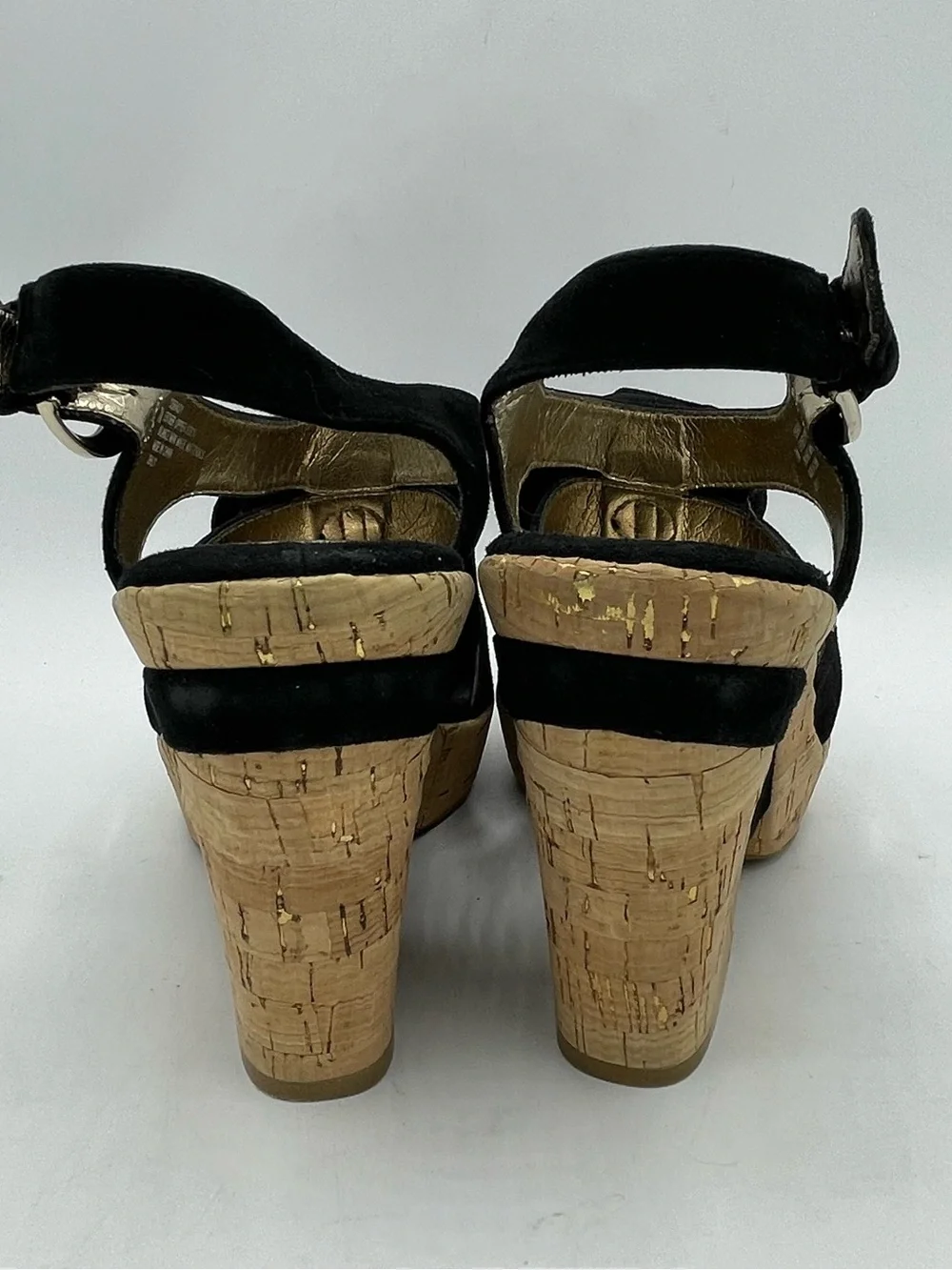 Sofft Black Suede Cork Wedge Sandals with Floral Rosette Accent.